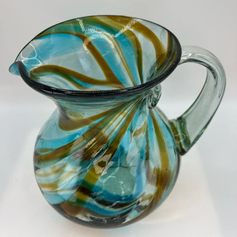 Mexican Hand Blown Art Glass Pitcher Turquoise Brown Vessel With Handle Swirl